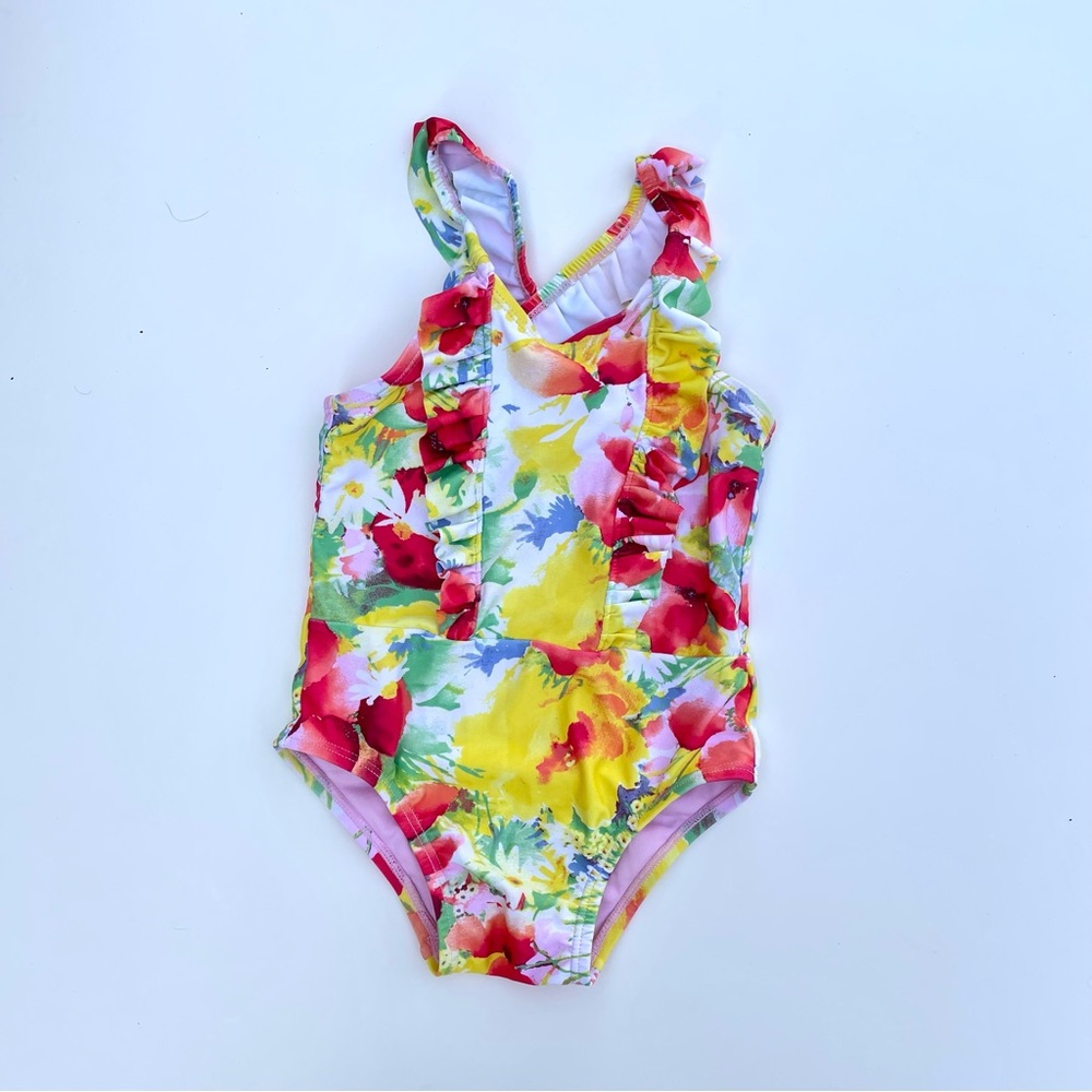 Baby Gap 3T swim suit floral watercolor with ruffles